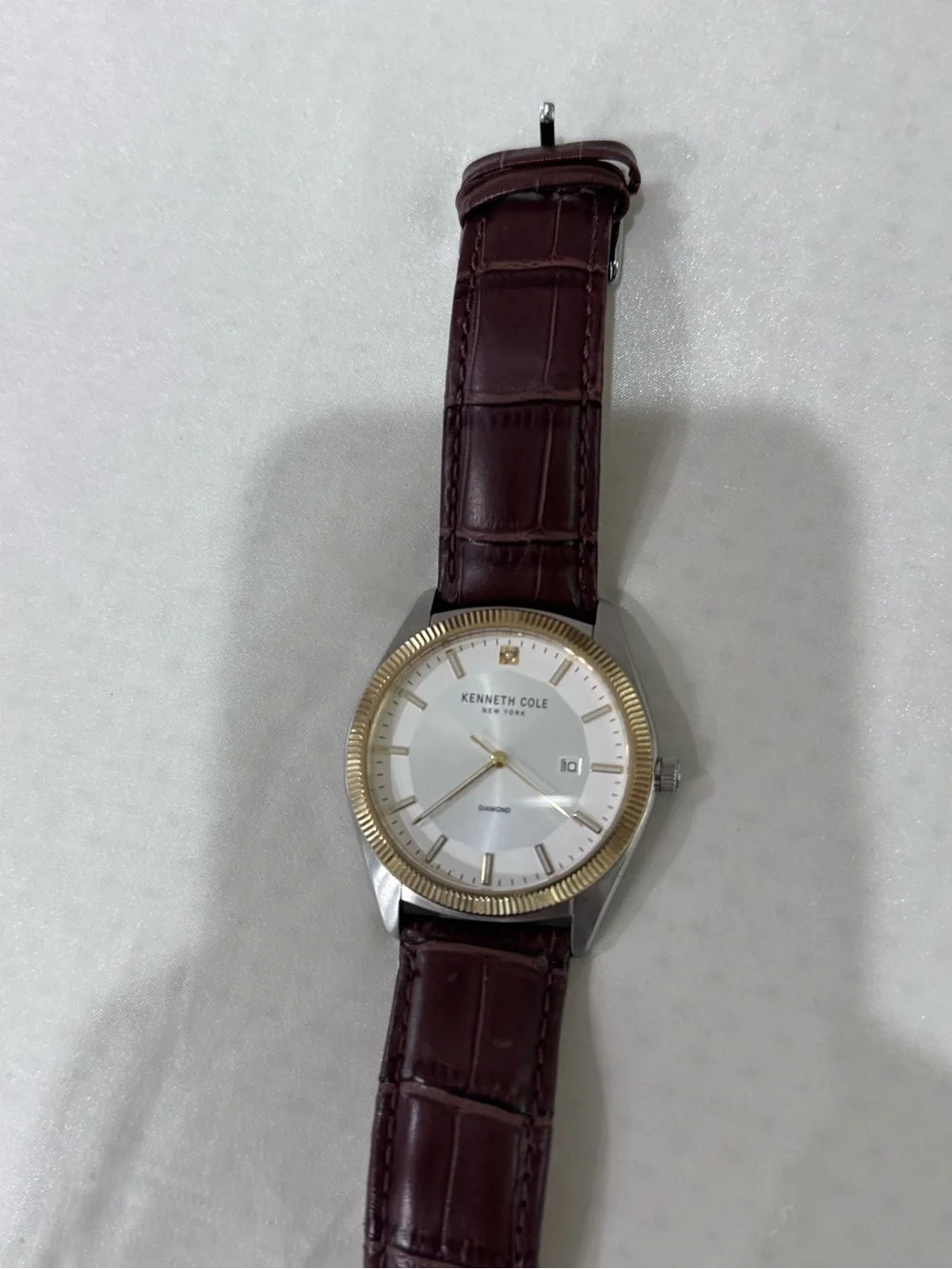 Kenneth Cole Brown Leather Strap Watch with Gold-Tone Bezel and White Dial